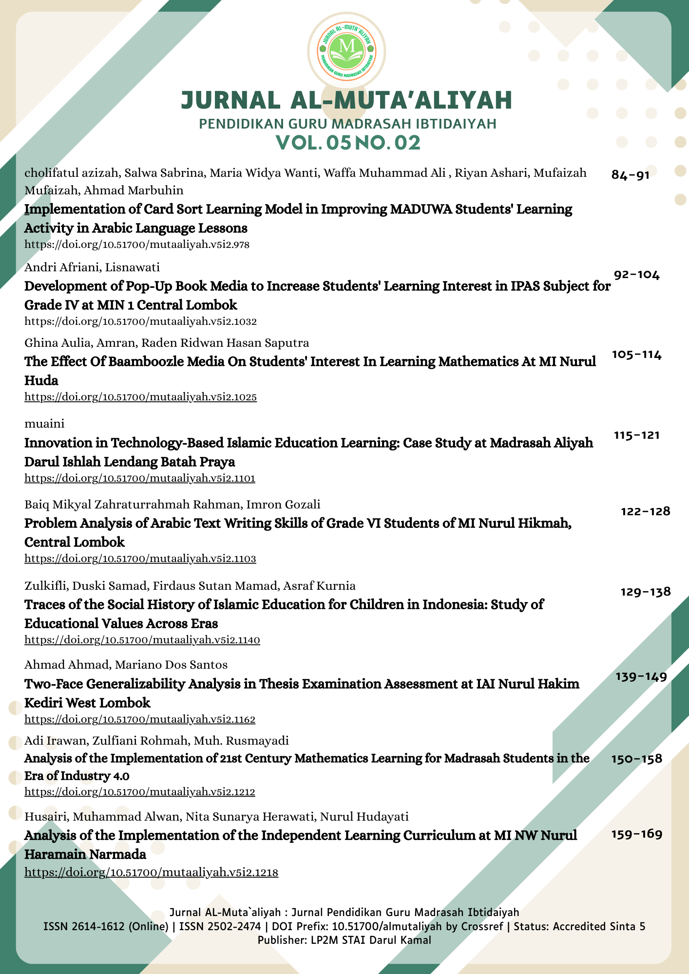 					View Vol. 5 No. 2 (2025): Jurnal AL-Muta`aliyah
				